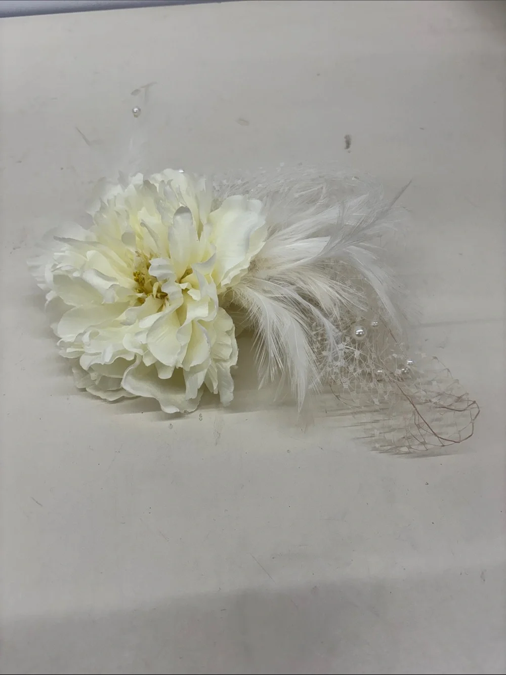 Ivory Floral Feather Hair Comb with Netting